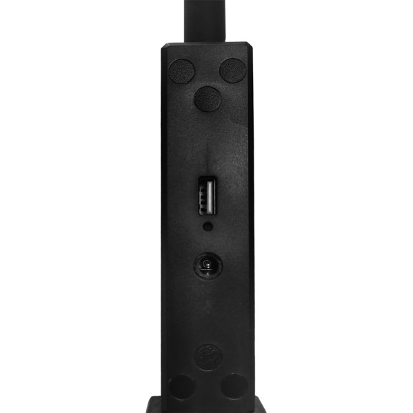 Dispositivo electrónico negro con un puerto USB y botones circulares.