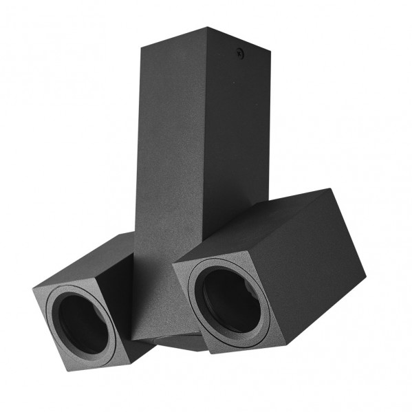 Un aplique doble rectangular negro con cabezales orientables sobre fondo blanco.