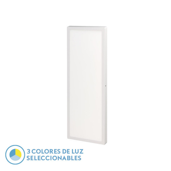 Un aplique rectangular blanco sobre fondo blanco con un símbolo de tres colores de luz seleccionables.