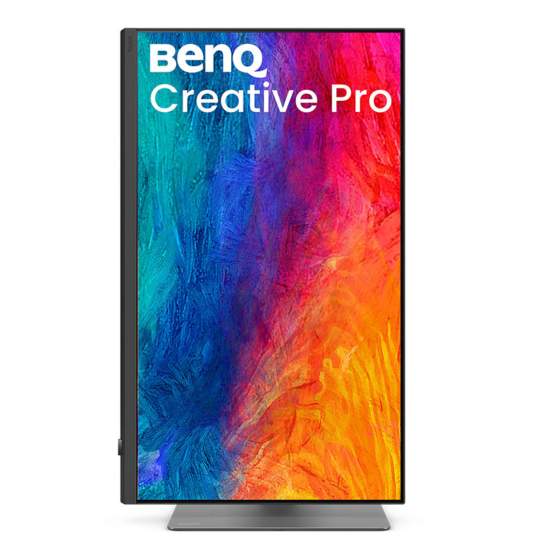 Un monitor BenQ Creative Pro mostra un'immagine astratta colorata su un supporto argento.