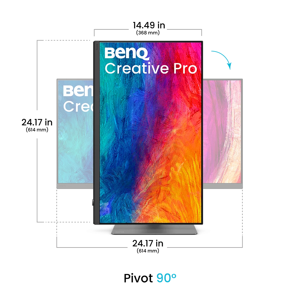 Monitor BenQ Creative Pro con dimensioni e funzione pivot a 90 gradi.