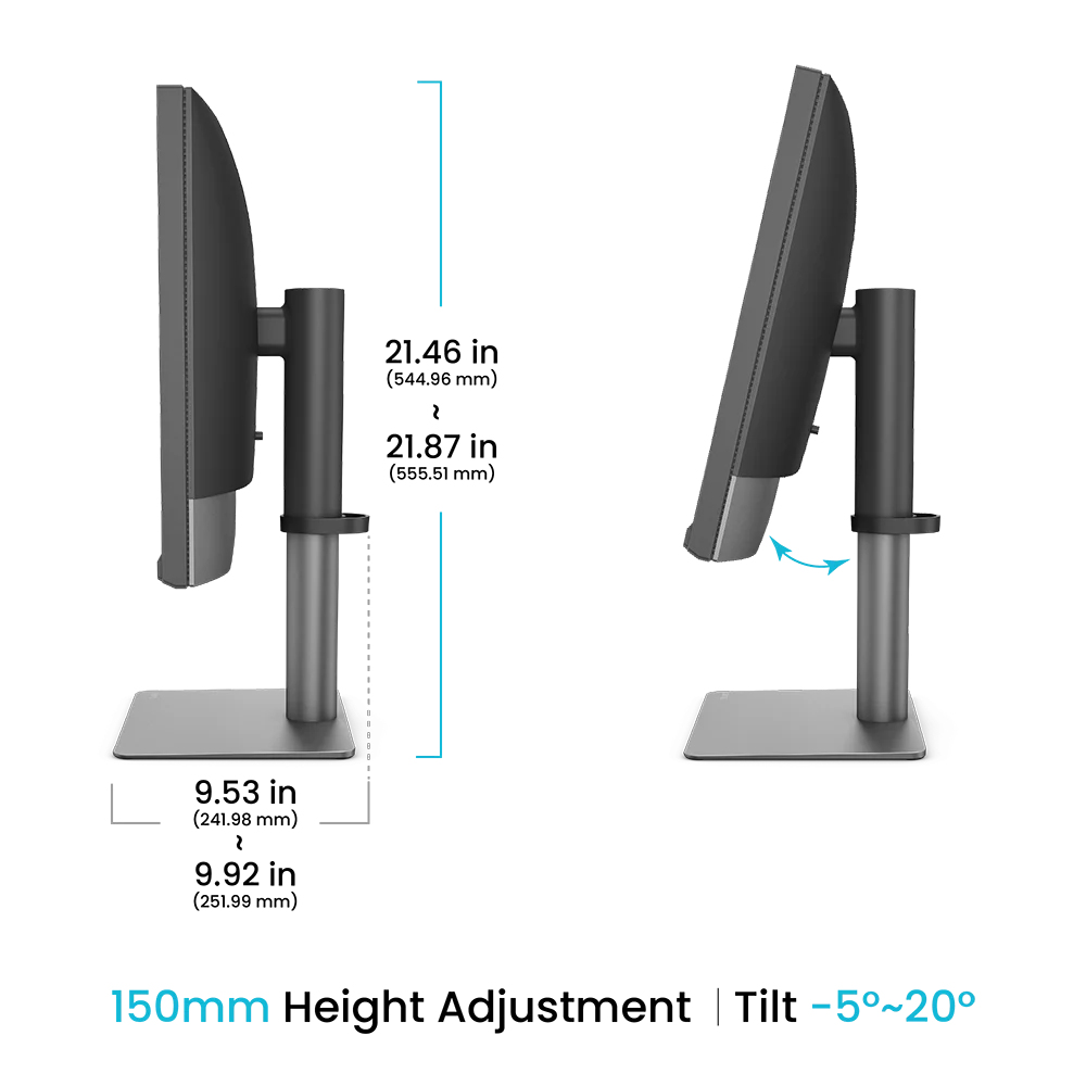 Diagramma che mostra l'altezza del monitor da 21,46 a 21,87 pollici e l'inclinazione da -5 a 20 gradi.