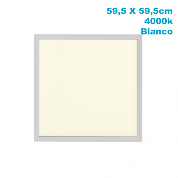 Un panel LED cuadrado, 59,5x59,5 cm, con marco blanco y luz de 4000k sobre fondo blanco.