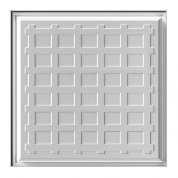 Una placa de techo blanca con un patrón de rejilla cuadrada y un marco elevado sobre un fondo blanco.
