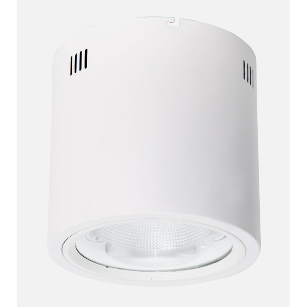 Una lámpara de techo blanca cilíndrica con rejillas de ventilación y un reflector texturizado en el interior.