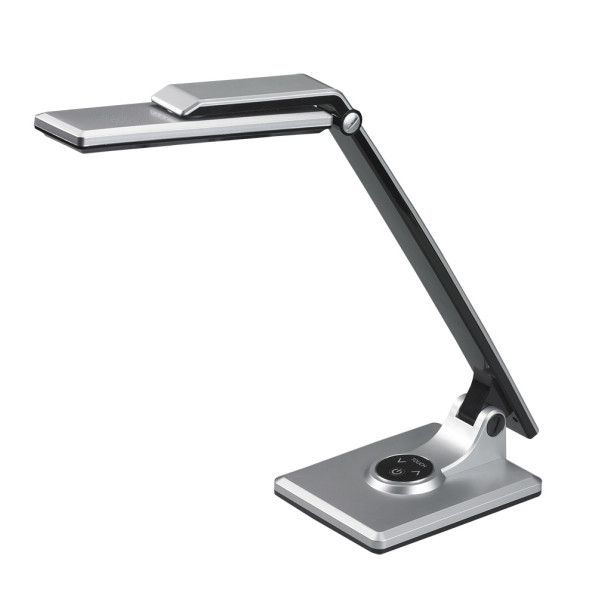 Moderna lámpara de escritorio LED plateada con brazo plegable y panel táctil en la base.