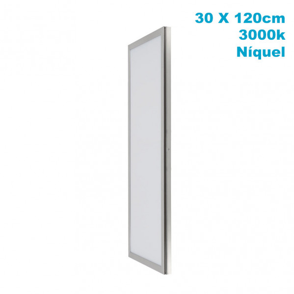 Un panel LED estrecho y rectangular con marco de níquel, de 30x120 cm, sobre fondo blanco.