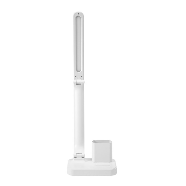 Una moderna lámpara de escritorio blanca con tira de LED vertical y pequeño soporte en la base sobre fondo blanco.
