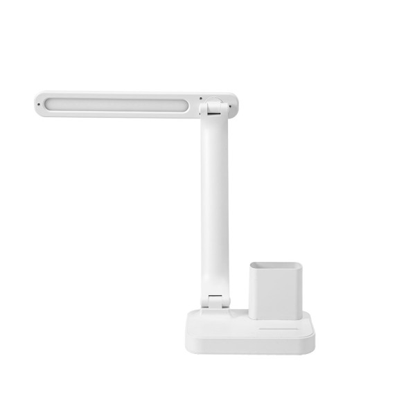 Una lámpara de escritorio moderna blanca con base rectangular, brazo ajustable y un portalápices integrado.