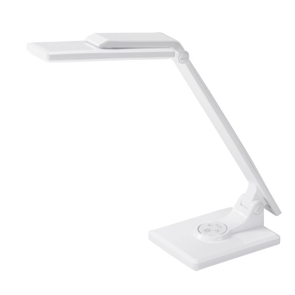 Una lámpara de escritorio LED blanca moderna con brazo ajustable y panel táctil en la base.