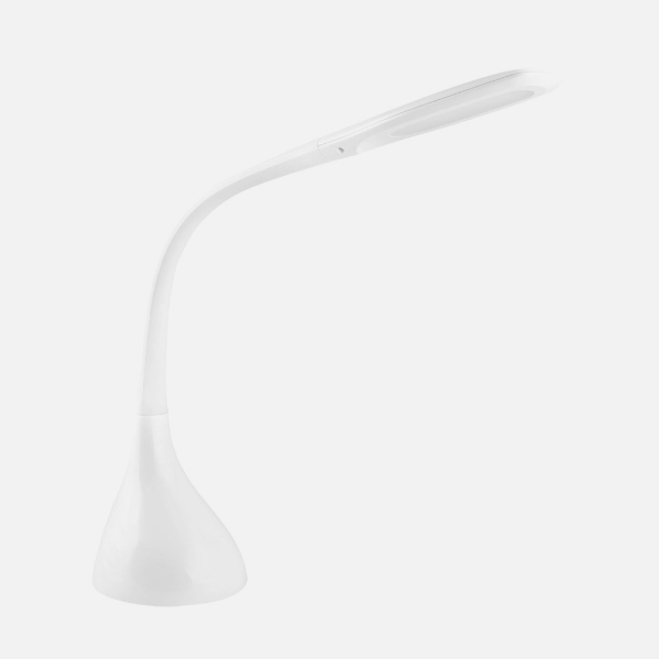 Una lámpara de escritorio LED moderna y blanca con cuello curvo sobre fondo claro.