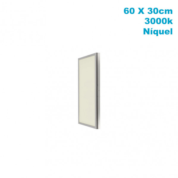 Un panel LED rectangular de níquel plateado, 60x30 cm, 3000K, sobre fondo blanco.