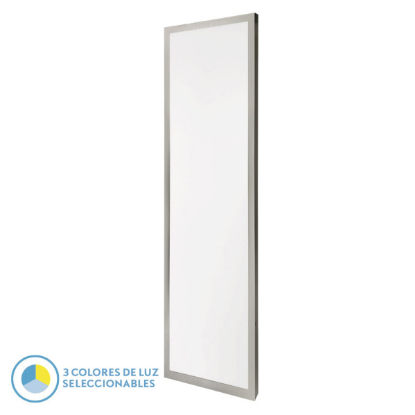 Panel LED largo con marco gris y luz blanca sobre fondo blanco.