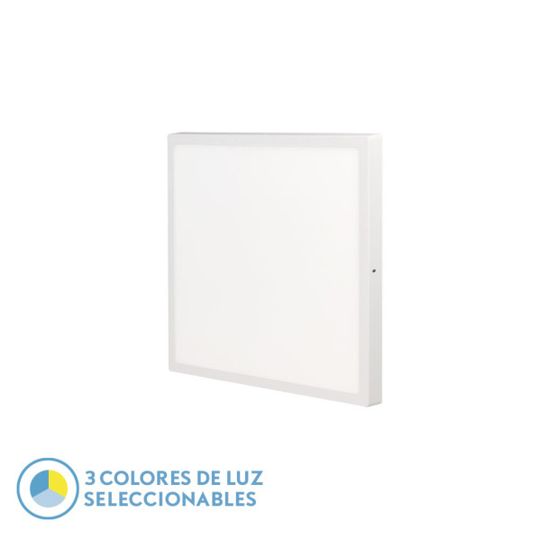 Un panel de superficie LED blanco cuadrado con un logotipo de 3 colores de luz seleccionables en la esquina inferior izquierda.