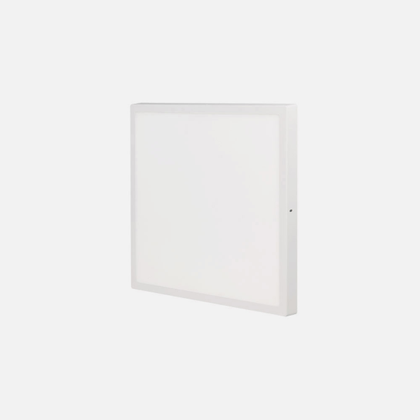 Un panel LED cuadrado blanco sobre fondo neutro.