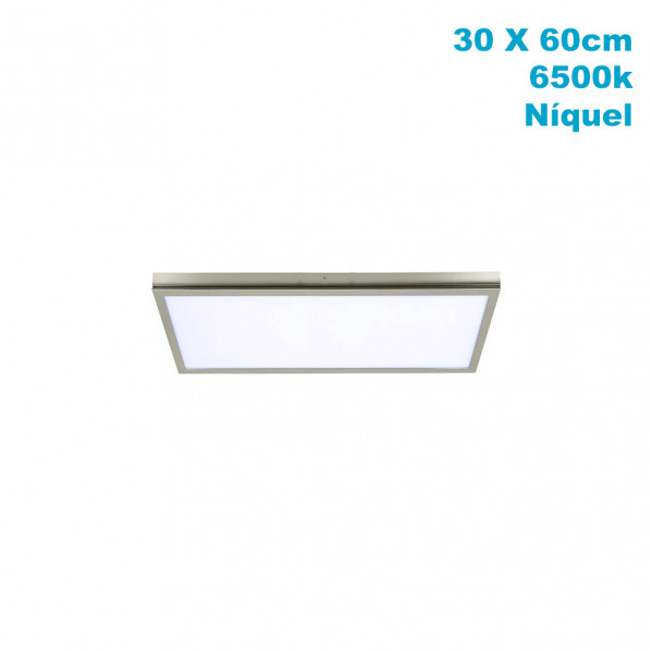 Lámpara de techo rectangular de níquel con panel blanco, 30x60 cm, 6500K.