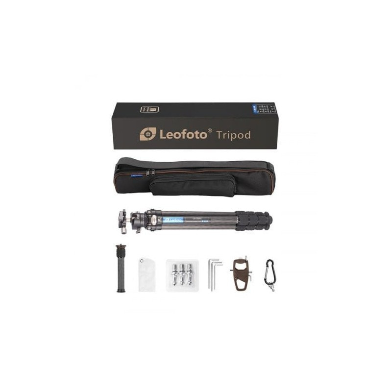 Trípode Leofoto en caja con funda, clavos, herramientas y accesorios.