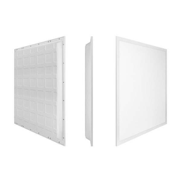 Tres vistas de un panel LED blanco: parte trasera, perfil lateral y frente liso.