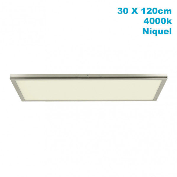 Un panel de luz LED rectangular plateado de 30x120 cm, 4000k, sobre fondo blanco.