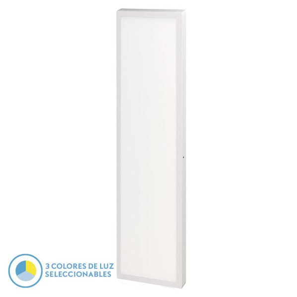 Un panel de luz LED rectangular blanco de superficie con un icono que indica tres colores de luz seleccionables.