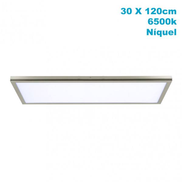Un panel LED rectangular y plateado de 30x120 cm, 6500K, con marco de níquel sobre fondo blanco.