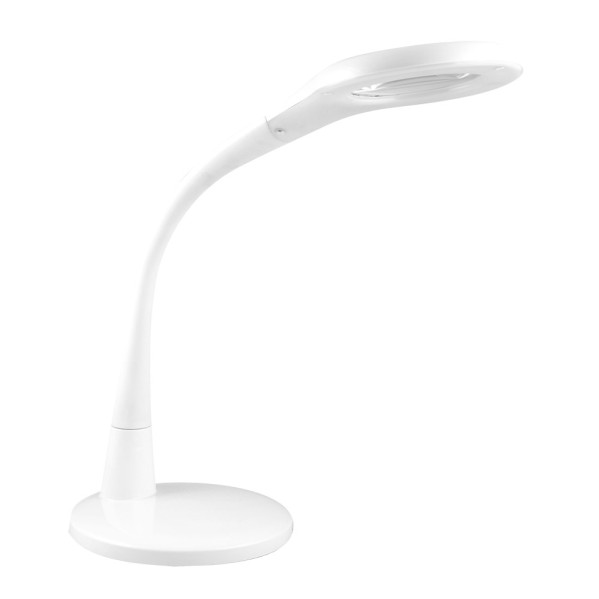 Una lámpara de escritorio blanca y moderna con cuello flexible y base redonda sobre fondo blanco.