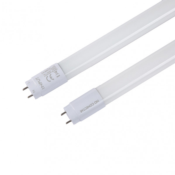 Dos tubos LED blancos con pines en un extremo, uno etiquetado INPUT y CE.