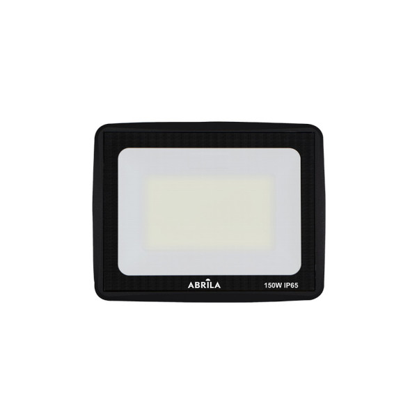 Foco LED negro con panel blanco y texto ABRILA 150W IP65 sobre fondo blanco.