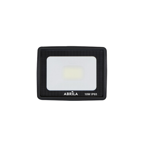Foco LED negro ABRILA 10W IP65 con un panel blanco brillante sobre fondo blanco.