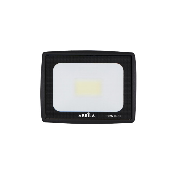 Un proyector LED negro con texto ABRILA y 30W IP65 sobre un fondo blanco.