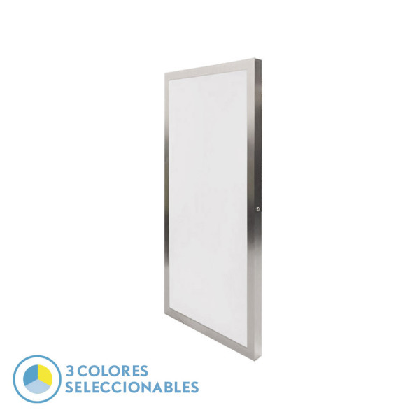 Un panel LED rectangular con marco de metal plateado sobre fondo blanco, con tres colores seleccionables.