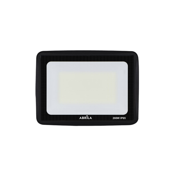 Un proyector LED negro ABRILA de 200W IP65 sobre un fondo blanco.