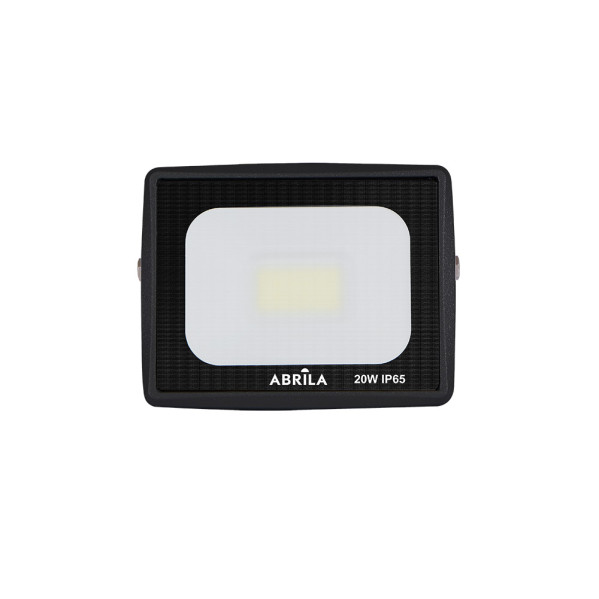 Foco LED negro con el texto ABRILA y 20W IP65 sobre un fondo blanco.