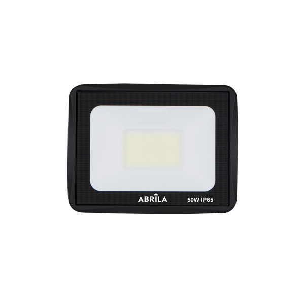 Foco LED negro Abrila de 50W IP65 con panel blanco y fuente de luz central sobre fondo liso.