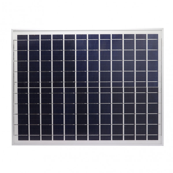 Un panel solar rectangular azul con marco plateado sobre fondo blanco.