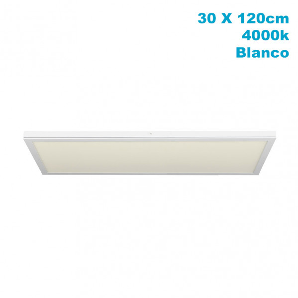 Panel LED blanco rectangular, 30x120cm, 4000K, sobre fondo blanco.