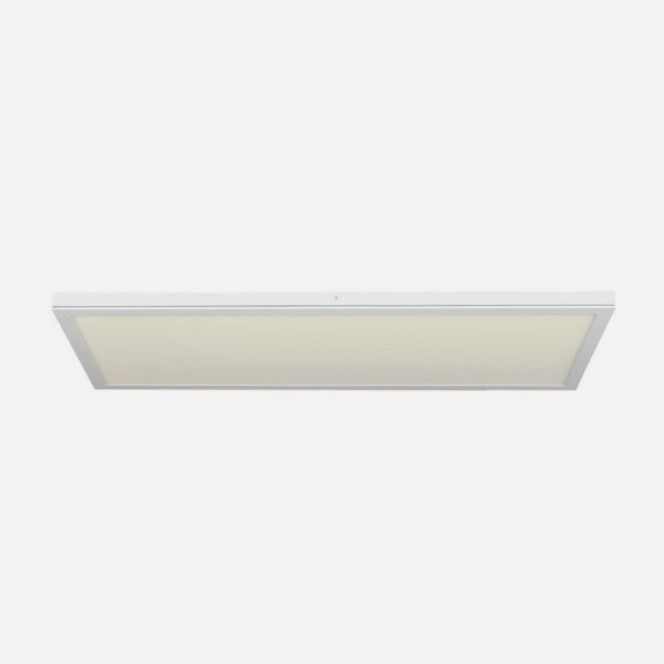 Un panel de luz de techo LED blanco rectangular con marco delgado sobre un fondo gris claro.