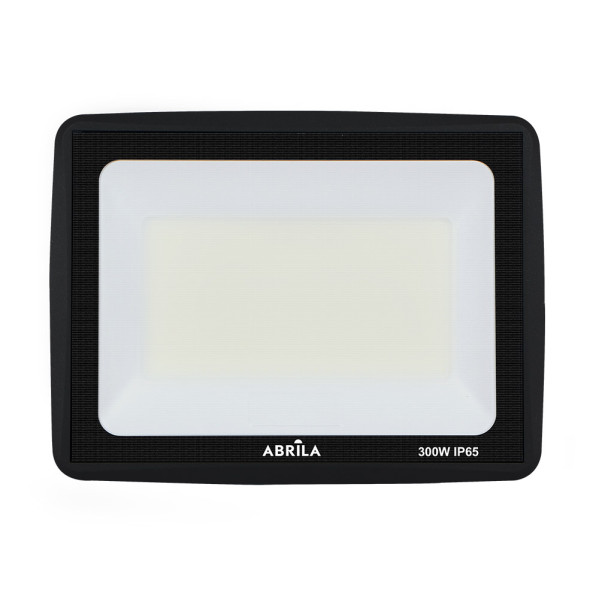 Un proyector LED negro con el texto Abrila 300W IP65 sobre un fondo blanco.