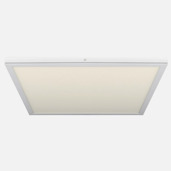 Un panel de luz de techo blanco y rectangular con luz cálida, visto desde abajo sobre un fondo liso.