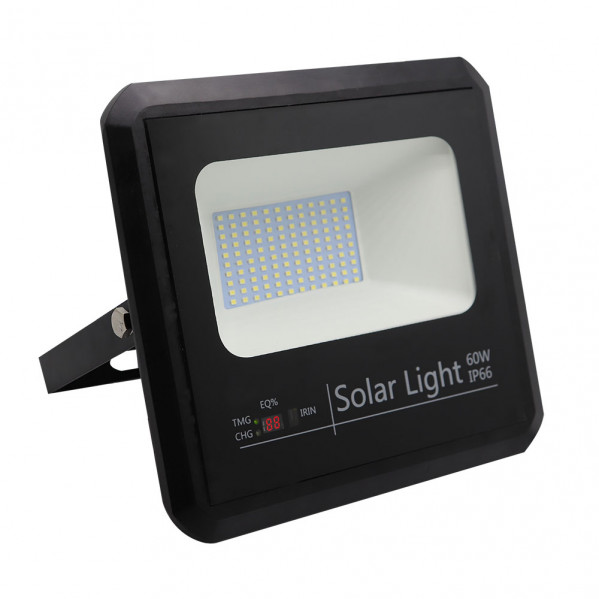 Un proyector LED solar negro de 60W con pantalla digital sobre fondo blanco.