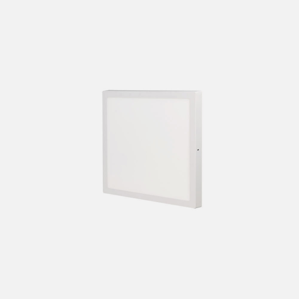 Lámpara de panel LED blanca cuadrada sobre fondo claro.