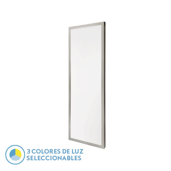 Un panel LED largo con marco plateado sobre fondo blanco y texto sobre colores de luz seleccionables.
