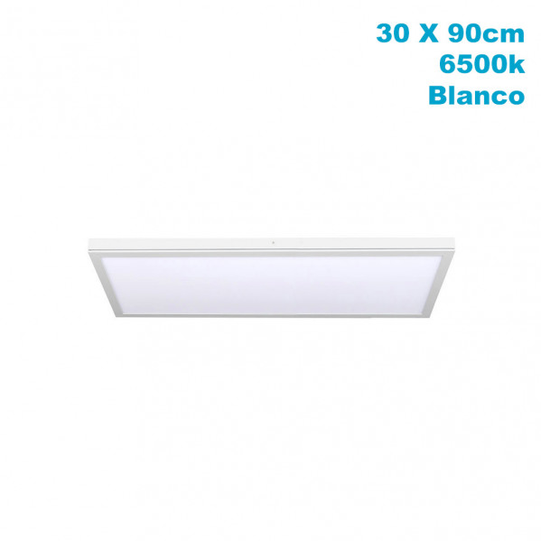 Una luz de techo con panel LED blanco, 30x90cm, 6500K, sobre fondo blanco.