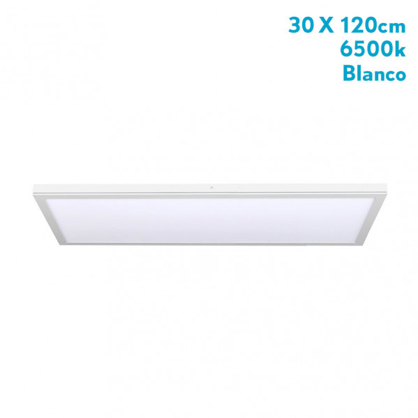 Panel de luz LED blanco, 30x120cm, 6500K, luz blanca fría sobre fondo blanco.
