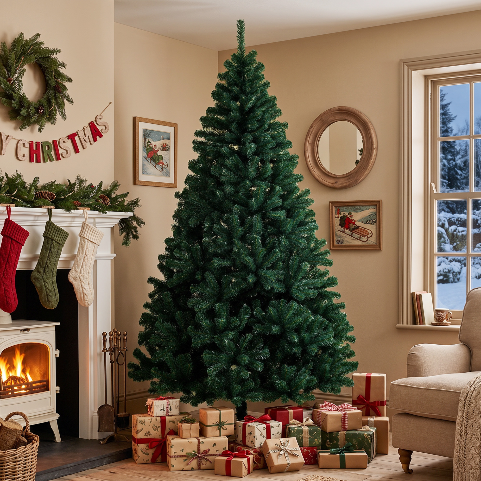 Un gran árbol de navidad verde en una habitación acogedora con regalos, chimenea y nieve.
