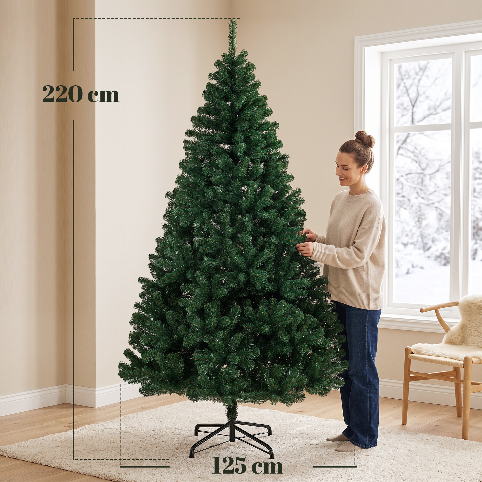 Una mujer está junto a un árbol de Navidad artificial de 220 cm en una sala luminosa.