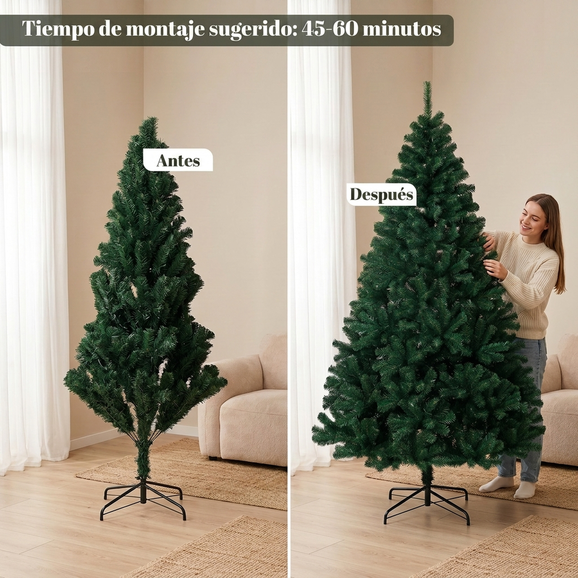 Comparación de dos árboles de Navidad artificiales antes y después de ahuecar las ramas en una sala.