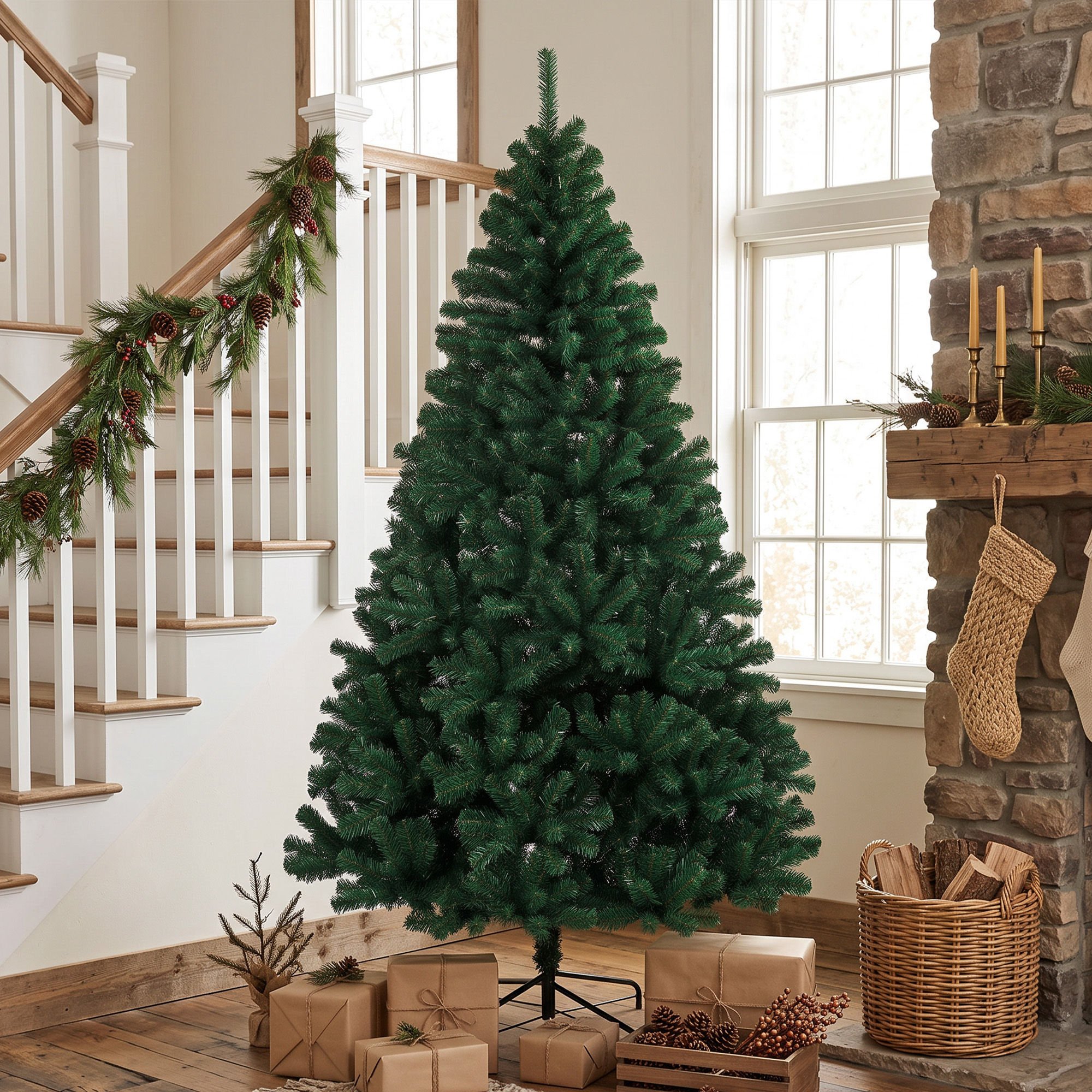 Una sala decorada con un árbol de navidad verde, regalos debajo, escalera con guirnalda y chimenea de piedra.