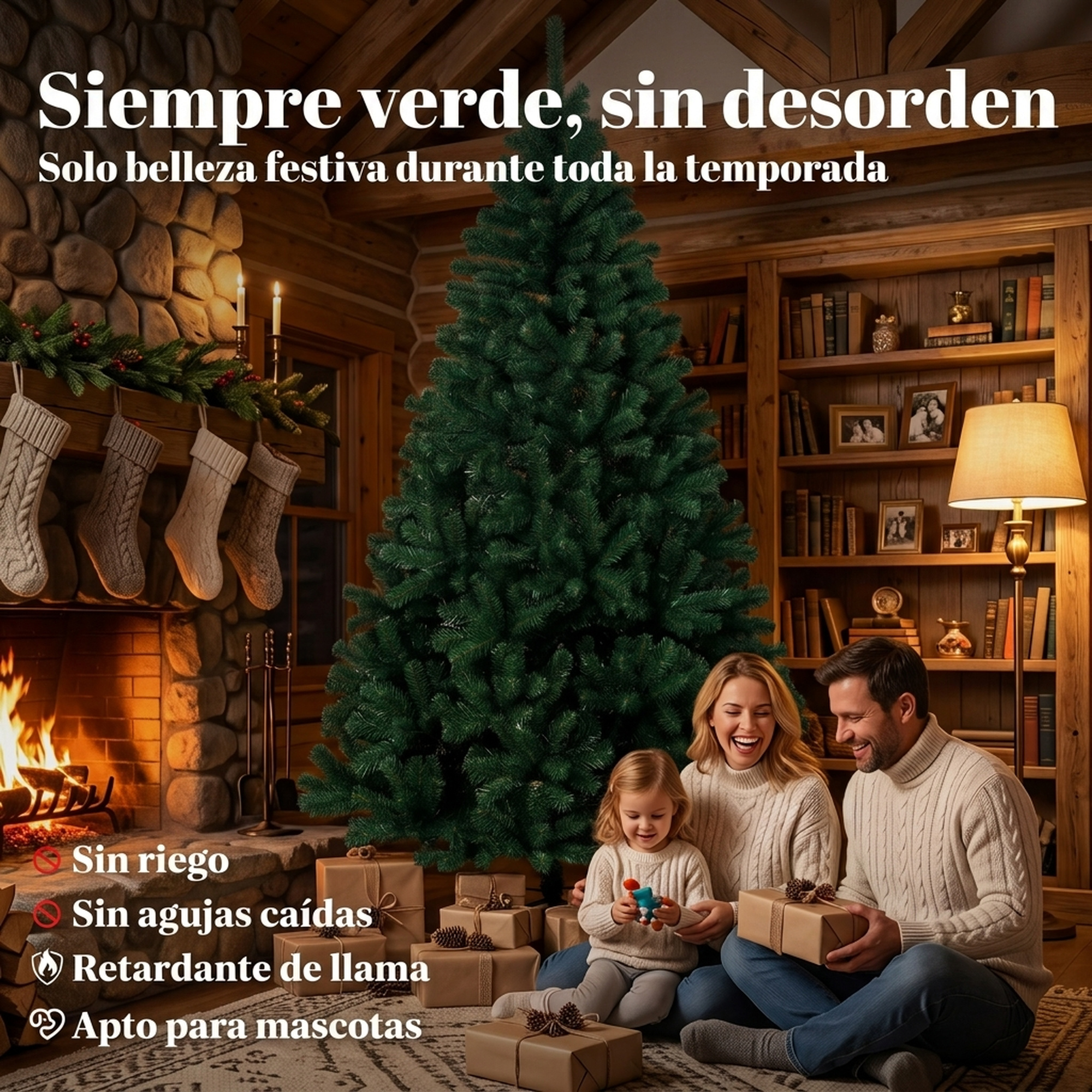 Familia sentada junto a un árbol de Navidad en una sala acogedora con chimenea y texto en español.