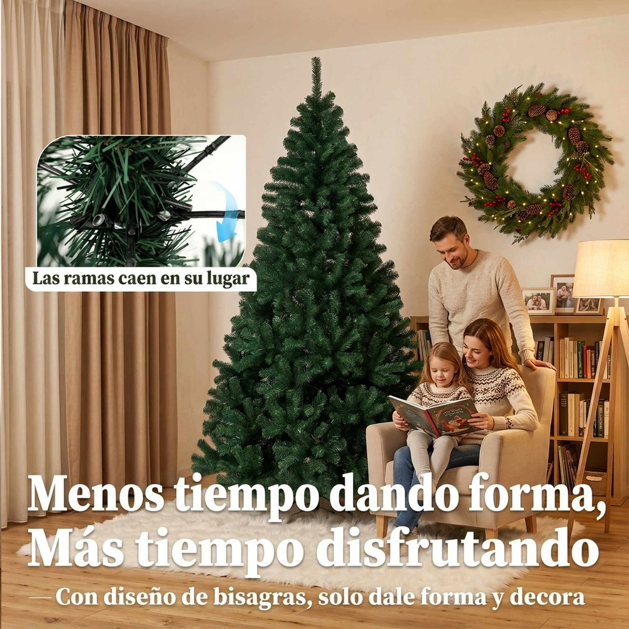 Familia junto a un gran árbol de Navidad en una acogedora sala.